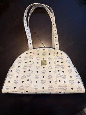 MCM White Logo Boston Shoulder Bag with Gold Plate Authentic